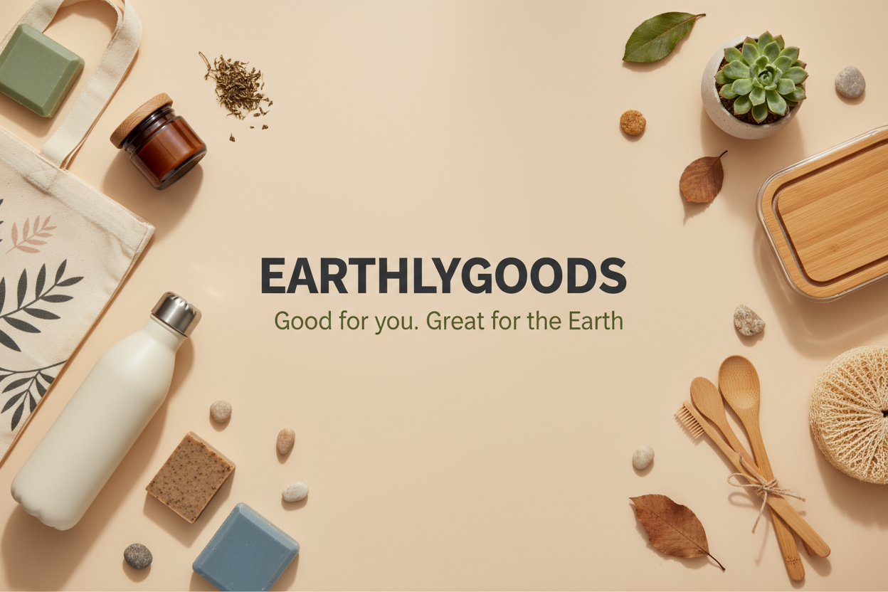 a soft beige background with all of the products in it, fitting the aspect ratio of a desktop image. It says EARTHLYGOODS in the middle and just below that says, Good for you. Great for the Earth 